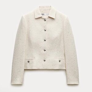 Zara NWOT Cream Textured Cotton Fitted Jacket Silver Sequin Appliqués